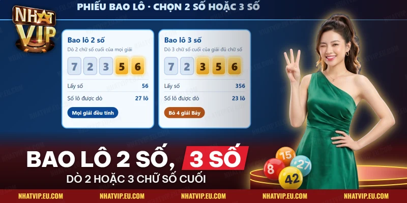 Hai thẻ so sánh bao lô 2 số và bao lô 3 số Nhatvip, đánh dấu các chữ số cuối được dò