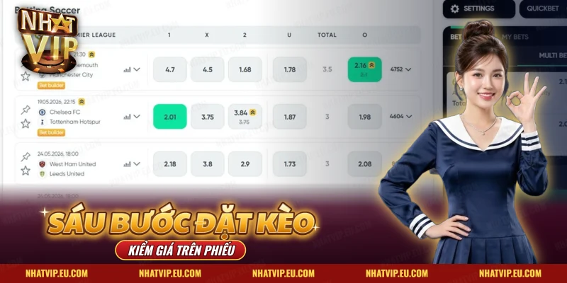 Bảng kèo Premier League với các ô giá cho cửa 1, X, 2 của từng trận