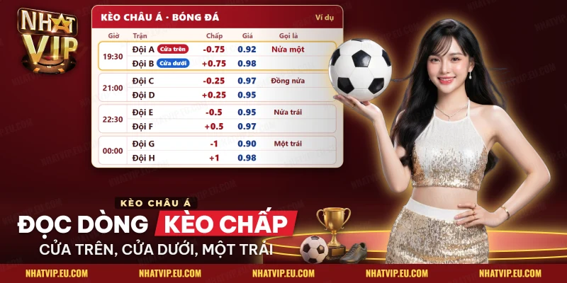 Dòng kèo chấp Nhatvip ghi mức chấp, giá hai cửa, cửa trên và cửa dưới của một trận