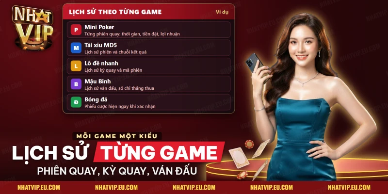 Lịch sử cược Nhatvip theo từng game gồm Mini Poker, tài xỉu MD5, lô đề nhanh, Mậu Binh và bóng đá