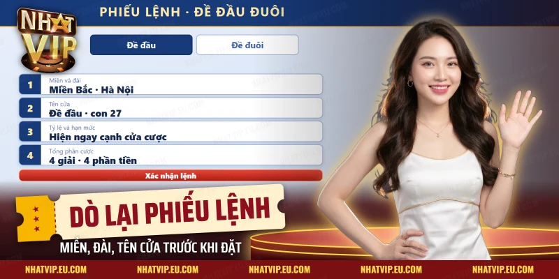 Phiếu lệnh đề đầu đuôi Nhatvip với các mục miền, đài, tên cửa, tỷ lệ và số giải cần dò lại