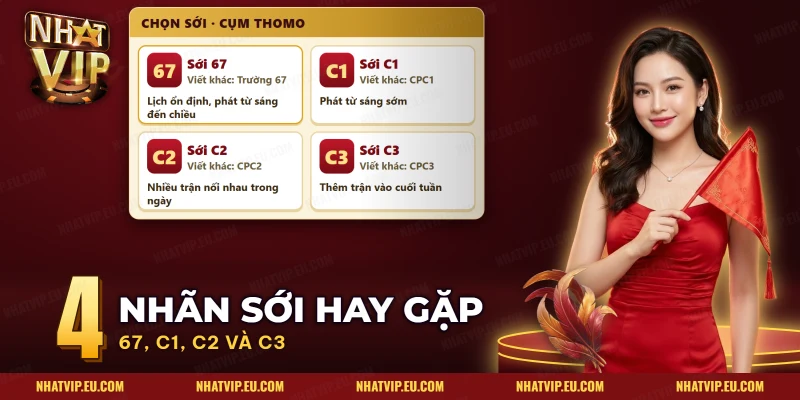 Bốn nhãn sới 67, C1, C2, C3 của cụm Thomo kèm cách viết khác và lịch phát thường gặp