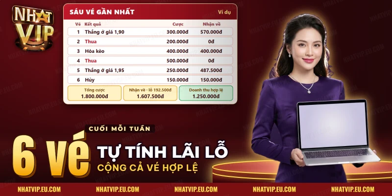 Sáu vé lấy từ lịch sử cược Nhatvip cộng thành tổng cược, tiền nhận về, lãi lỗ và doanh thu hợp lệ